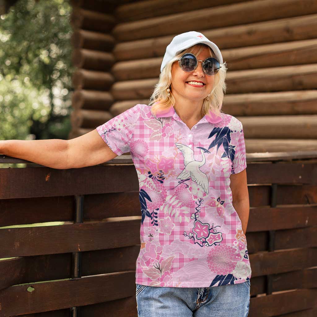 Pink Palaka Crane and Flowers Women Polo Shirt Japan Heritage Spirit - Polynesian Pride