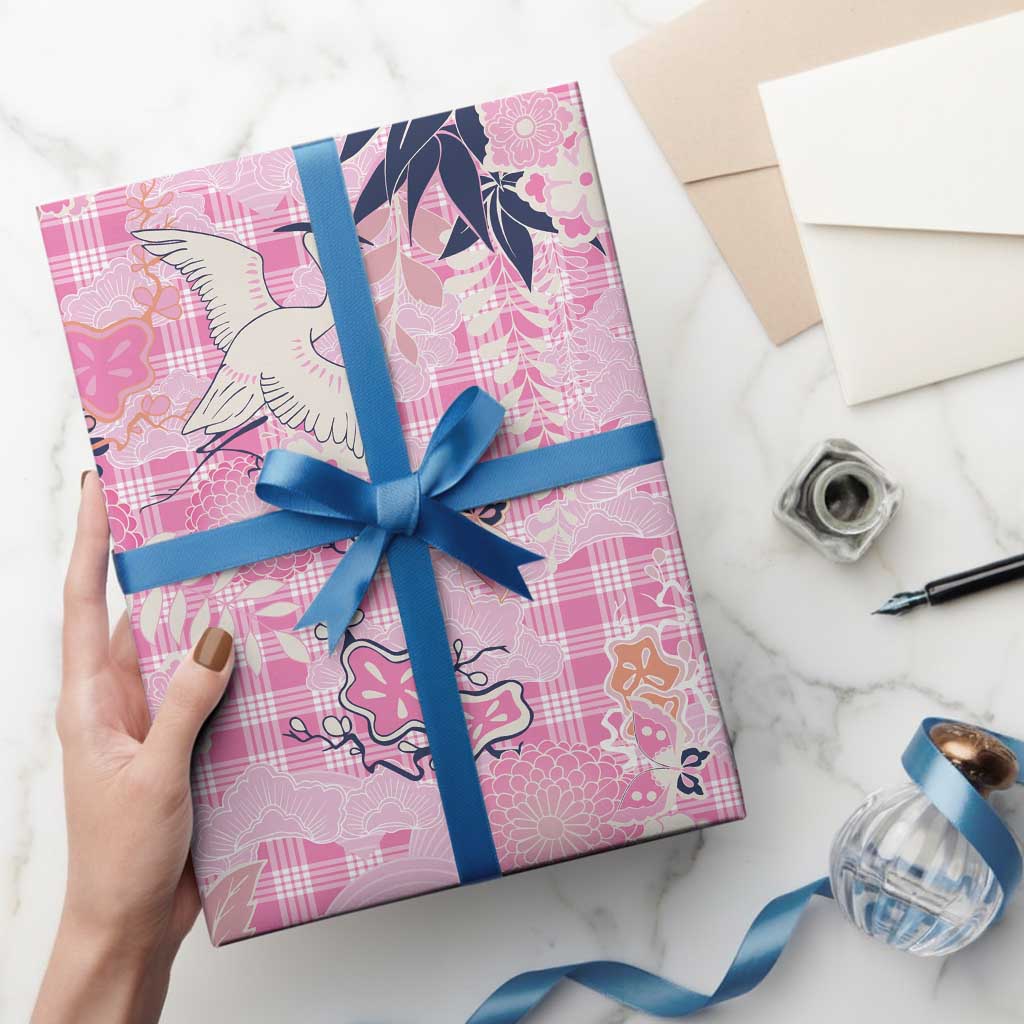 Pink Palaka Crane and Flowers Wrapping Paper Japan Heritage Spirit LT9 - Polynesian Pride