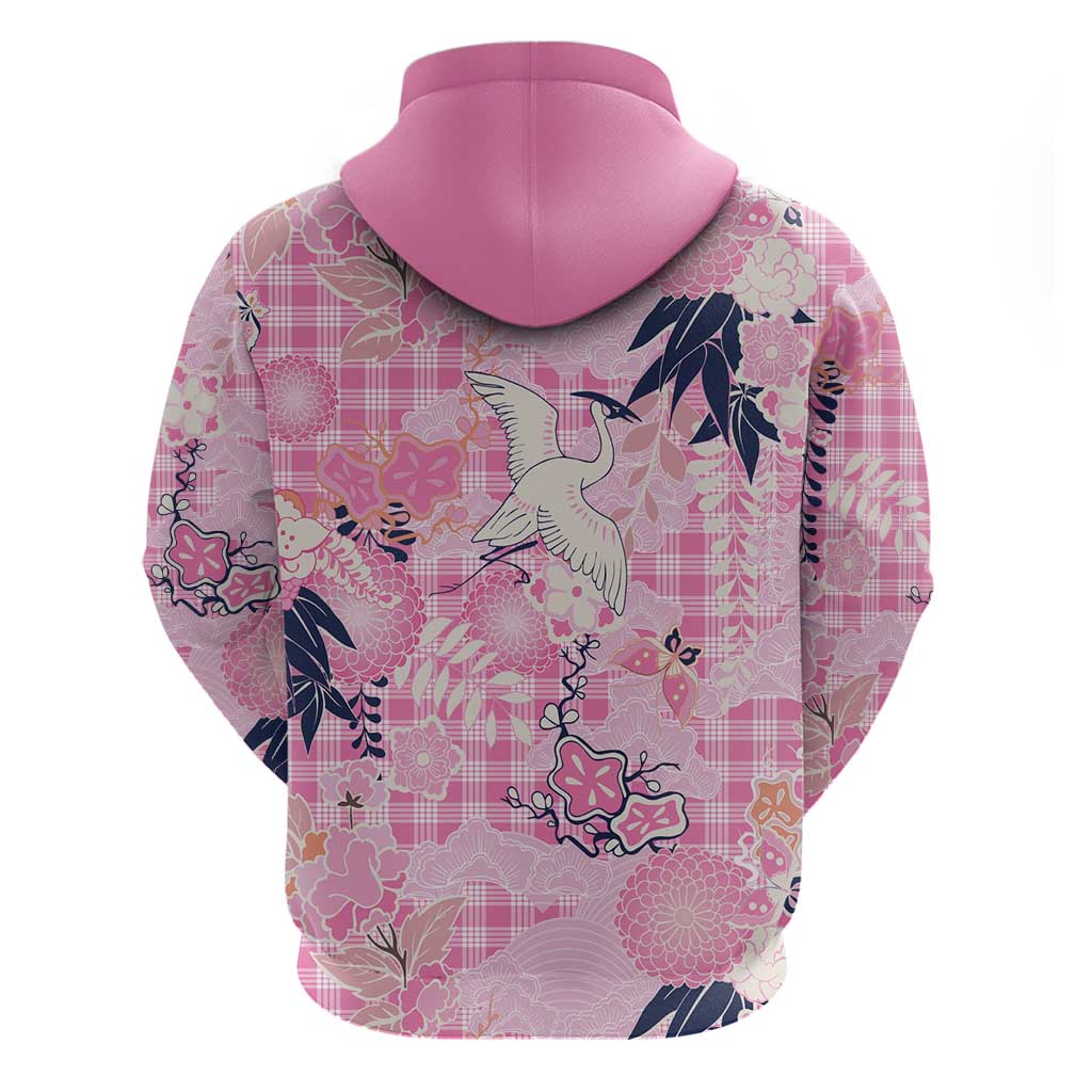Pink Palaka Crane and Flowers Zip Hoodie Japan Heritage Spirit - Polynesian Pride