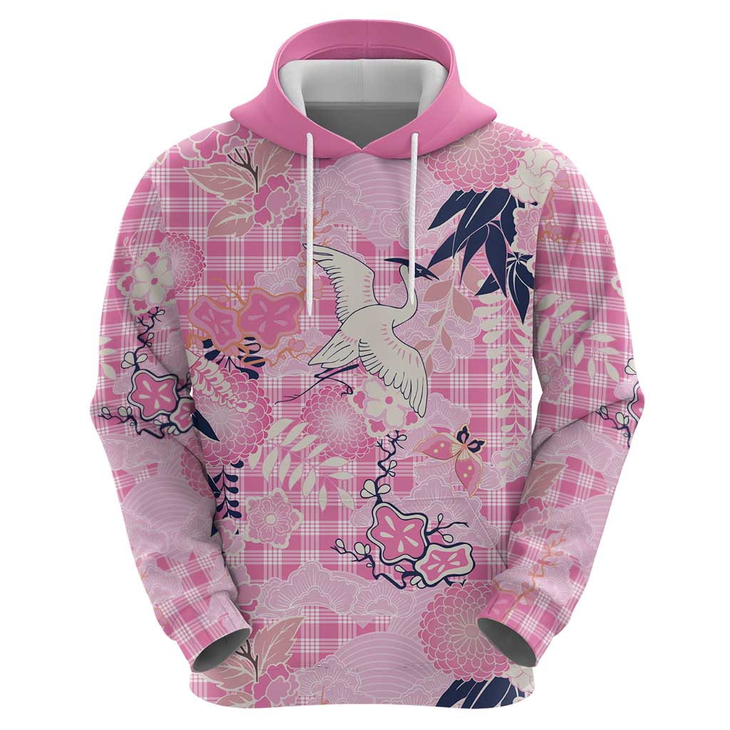 Pink Palaka Crane and Flowers Zip Hoodie Japan Heritage Spirit - Polynesian Pride