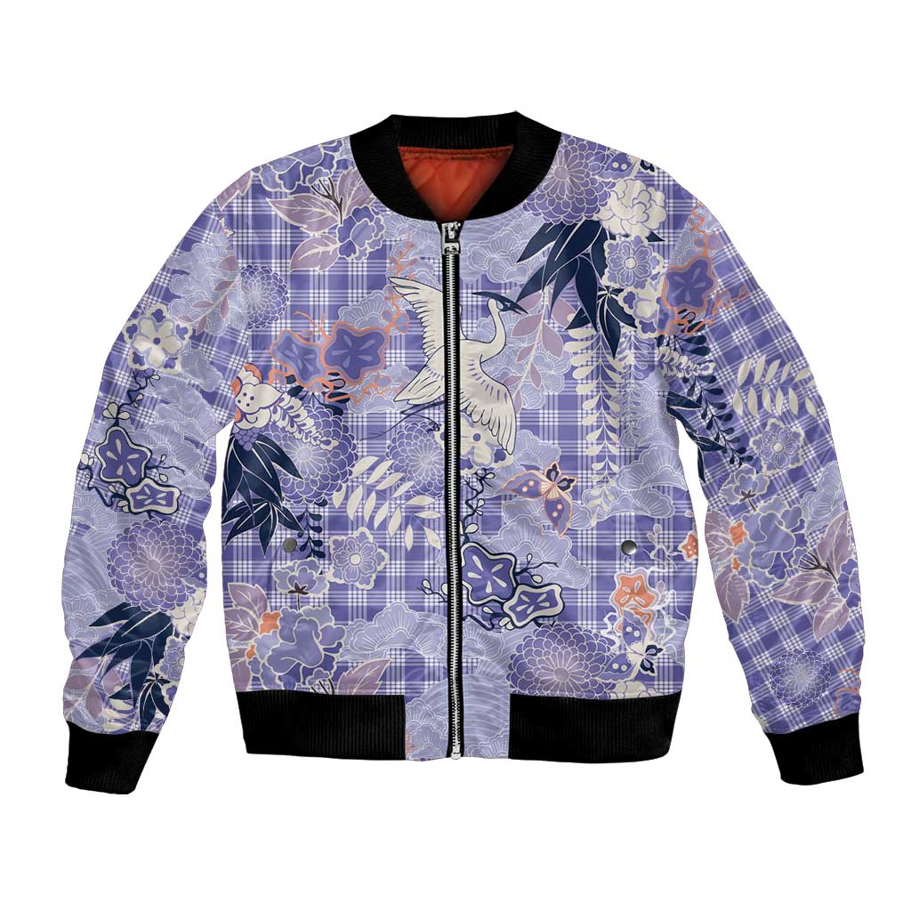 Purple Palaka Crane and Flowers Bomber Jacket Japan Heritage Spirit - Polynesian Pride
