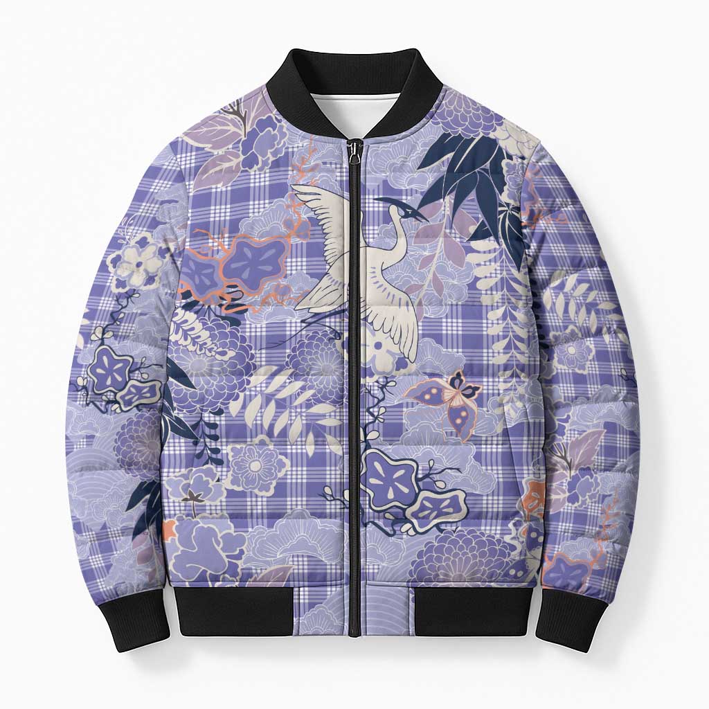Purple Palaka Crane and Flowers Bomber Puffer Jacket Japan Heritage Spirit LT9 Unisex Purple - Polynesian Pride