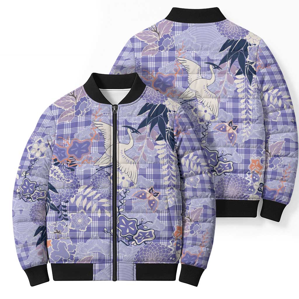 Purple Palaka Crane and Flowers Bomber Puffer Jacket Japan Heritage Spirit LT9 - Polynesian Pride