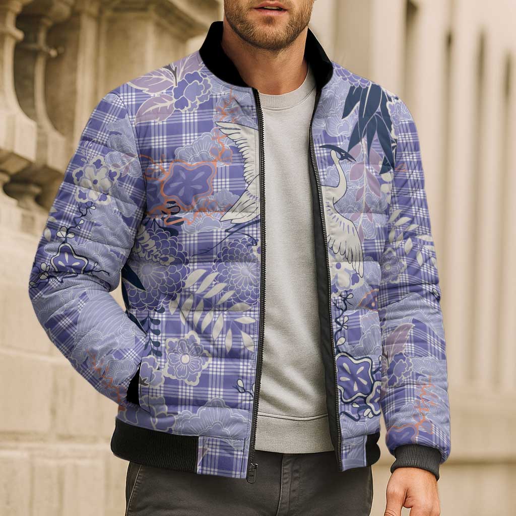 Purple Palaka Crane and Flowers Bomber Puffer Jacket Japan Heritage Spirit LT9 - Polynesian Pride
