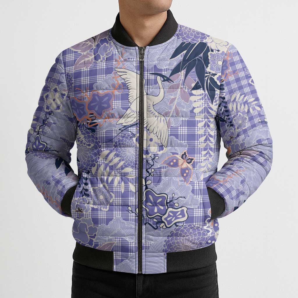 Purple Palaka Crane and Flowers Bomber Puffer Jacket Japan Heritage Spirit LT9 - Polynesian Pride