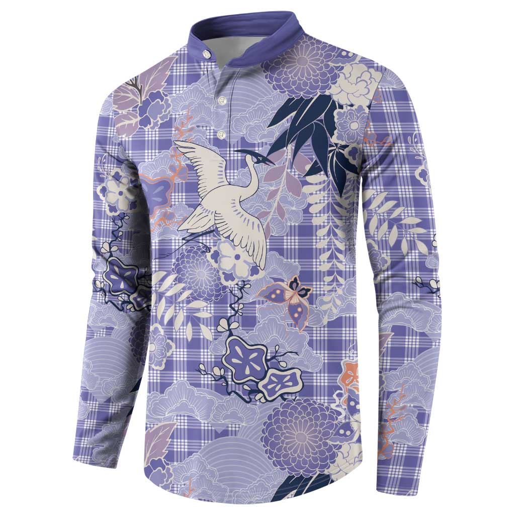 Purple Palaka Crane and Flowers Button Sweatshirt Japan Heritage Spirit LT9 - Polynesian Pride
