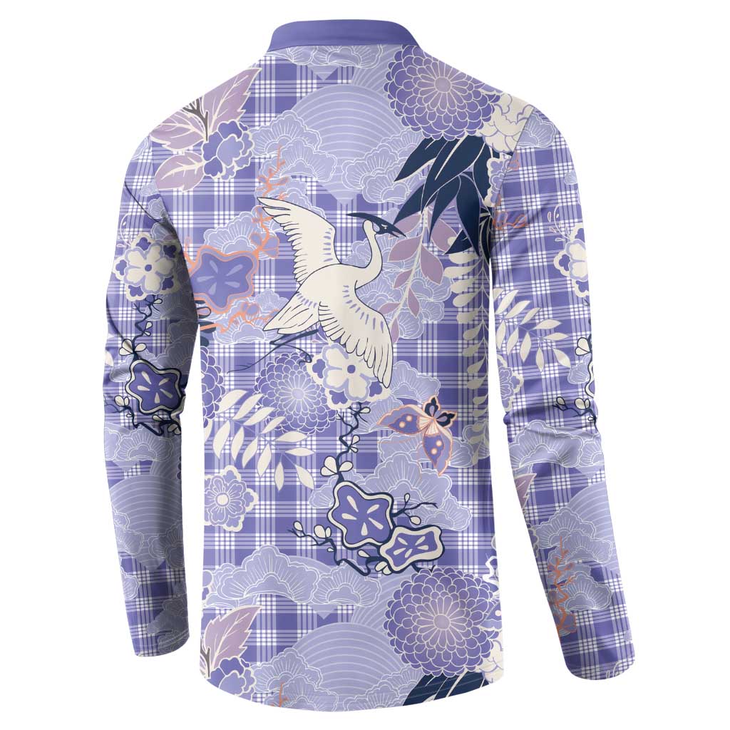 Purple Palaka Crane and Flowers Button Sweatshirt Japan Heritage Spirit LT9 - Polynesian Pride