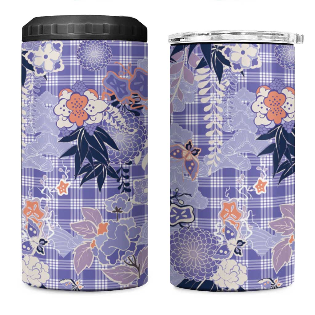 Purple Palaka Crane and Flowers 4 in 1 Can Cooler Tumbler Japan Heritage Spirit - Polynesian Pride