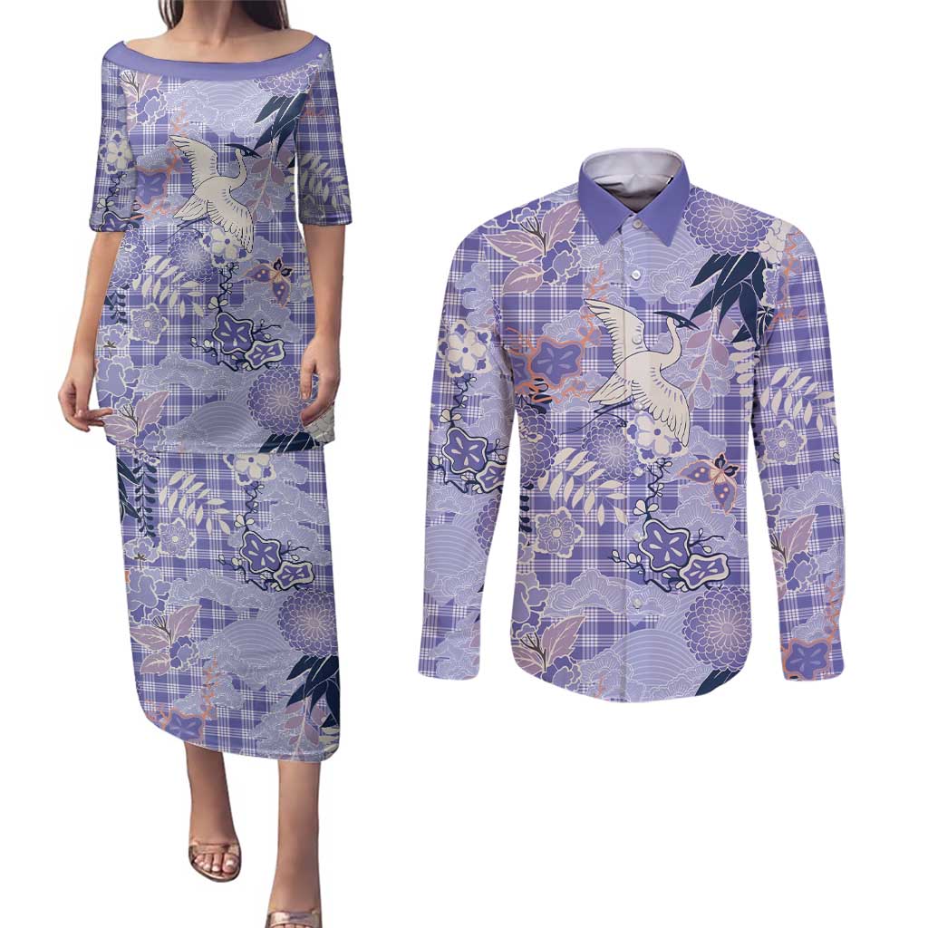Purple Palaka Crane and Flowers Couples Matching Puletasi and Long Sleeve Button Shirt Japan Heritage Spirit - Polynesian Pride