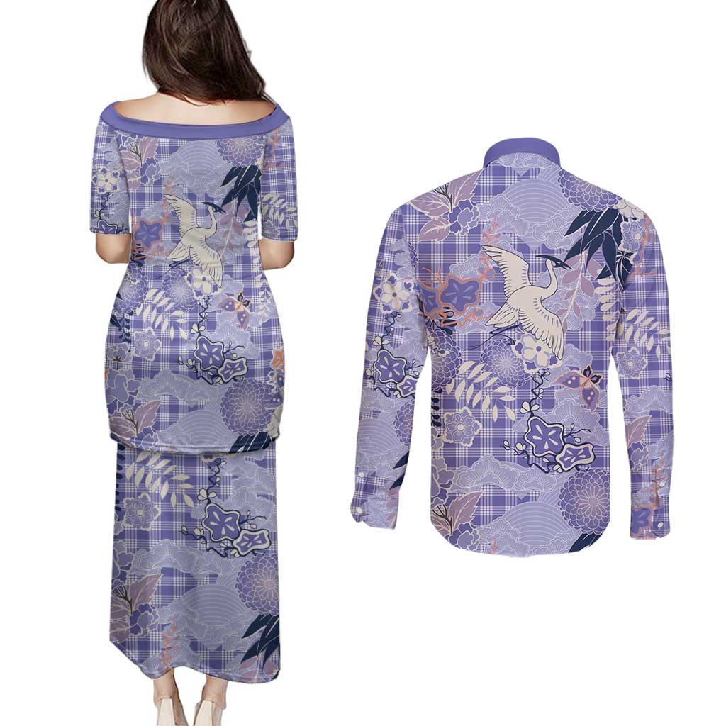Purple Palaka Crane and Flowers Couples Matching Puletasi and Long Sleeve Button Shirt Japan Heritage Spirit - Polynesian Pride