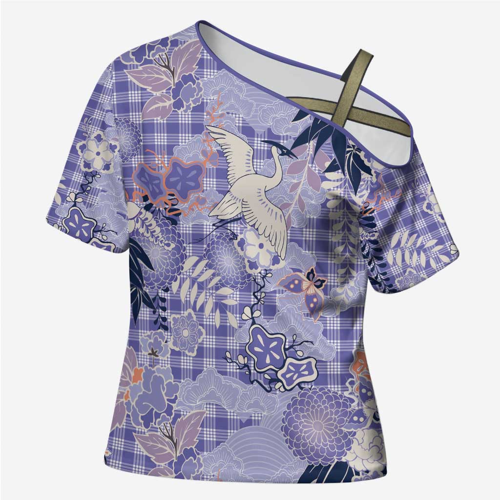Purple Palaka Crane and Flowers Cross Shoulder Shirt Japan Heritage Spirit LT9 Female Purple - Polynesian Pride