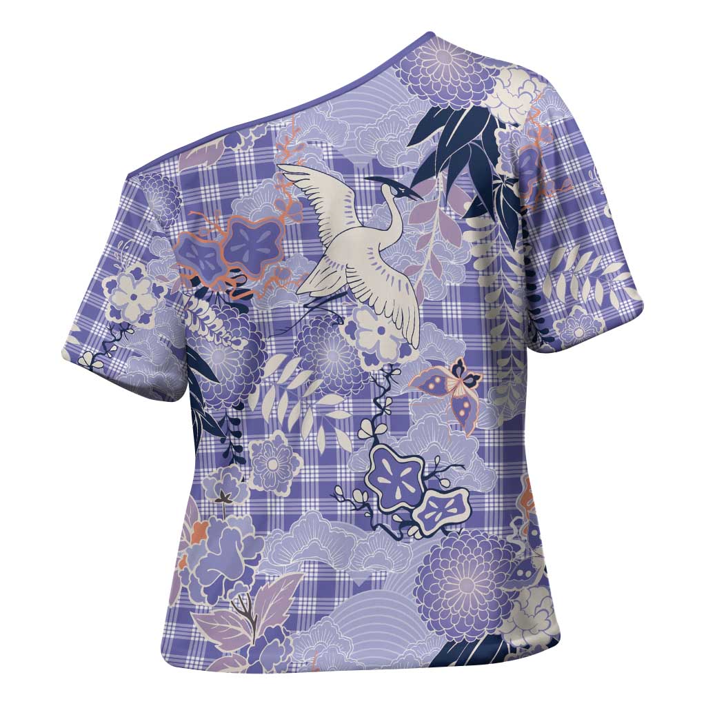 Purple Palaka Crane and Flowers Cross Shoulder Shirt Japan Heritage Spirit LT9 - Polynesian Pride