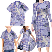 Purple Palaka Crane and Flowers Family Matching Long Sleeve Bodycon Dress and Hawaiian Shirt Japan Heritage Spirit - Polynesian Pride