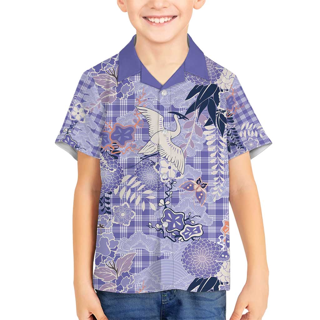 Purple Palaka Crane and Flowers Family Matching Long Sleeve Bodycon Dress and Hawaiian Shirt Japan Heritage Spirit - Polynesian Pride