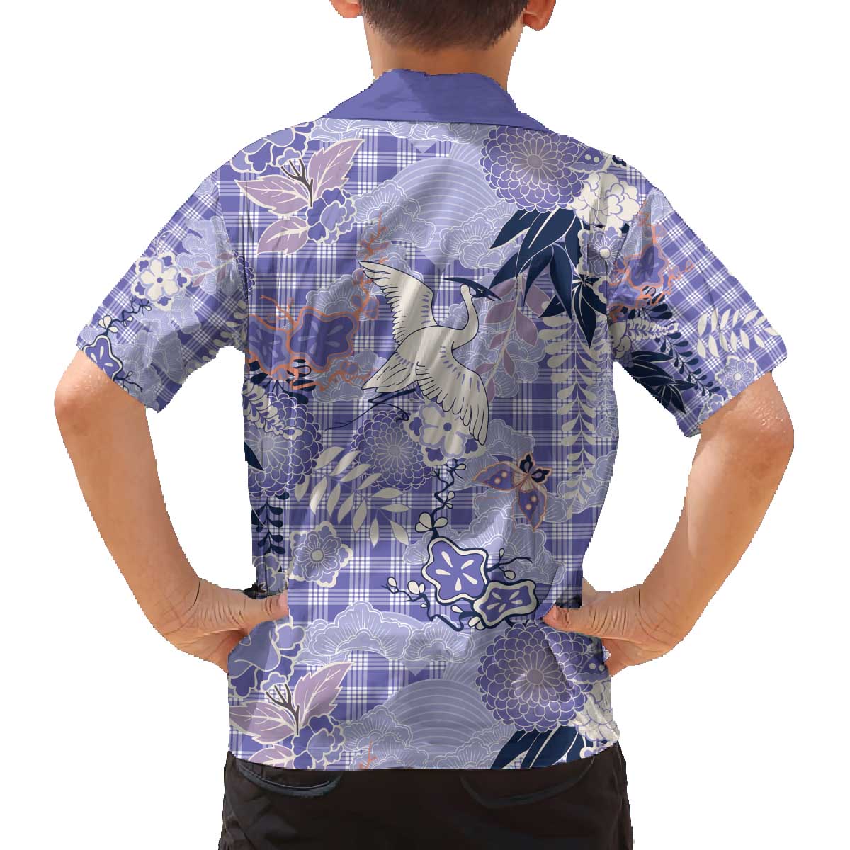 Purple Palaka Crane and Flowers Family Matching Off The Shoulder Long Sleeve Dress and Hawaiian Shirt Japan Heritage Spirit - Polynesian Pride