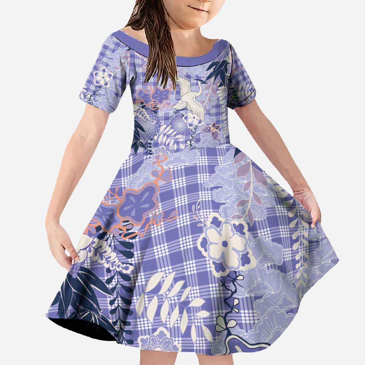 Purple Palaka Crane and Flowers Family Matching Off The Shoulder Long Sleeve Dress and Hawaiian Shirt Japan Heritage Spirit - Polynesian Pride