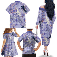 Purple Palaka Crane and Flowers Family Matching Off The Shoulder Long Sleeve Dress and Hawaiian Shirt Japan Heritage Spirit - Polynesian Pride