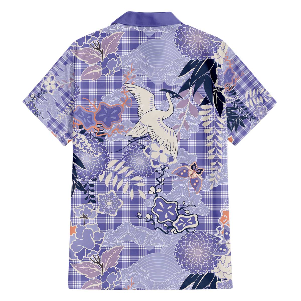 Purple Palaka Crane and Flowers Family Matching Off The Shoulder Long Sleeve Dress and Hawaiian Shirt Japan Heritage Spirit - Polynesian Pride
