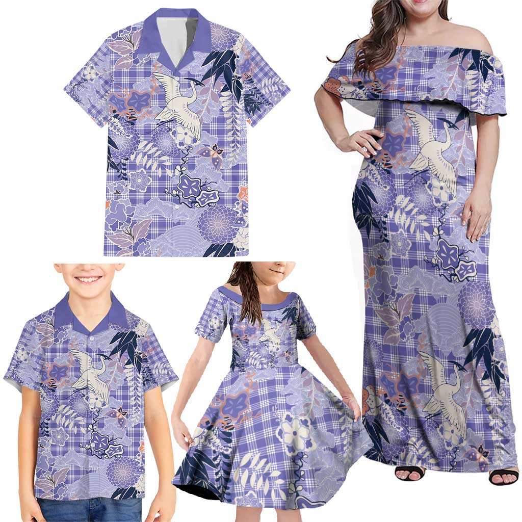 Purple Palaka Crane and Flowers Family Matching Off Shoulder Maxi Dress and Hawaiian Shirt Japan Heritage Spirit - Polynesian Pride