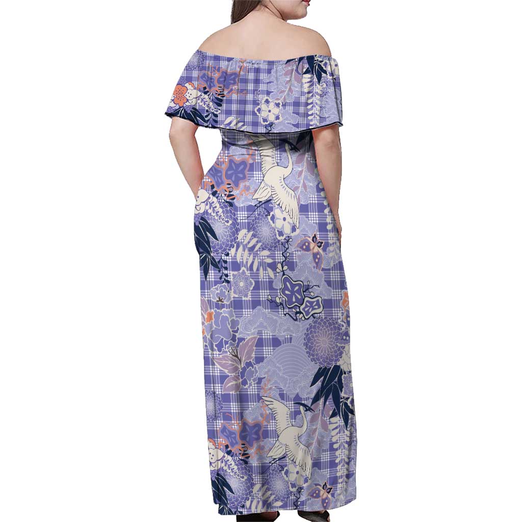 Purple Palaka Crane and Flowers Family Matching Off Shoulder Maxi Dress and Hawaiian Shirt Japan Heritage Spirit - Polynesian Pride