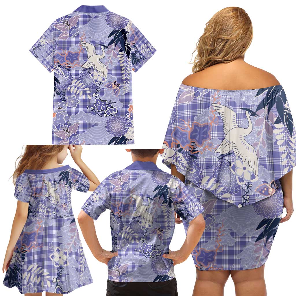 Purple Palaka Crane and Flowers Family Matching Off Shoulder Short Dress and Hawaiian Shirt Japan Heritage Spirit - Polynesian Pride
