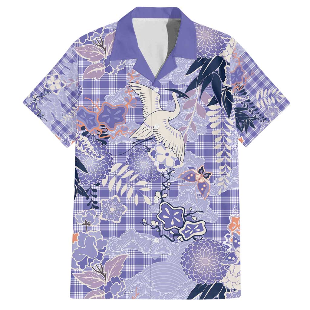 Purple Palaka Crane and Flowers Family Matching Off Shoulder Short Dress and Hawaiian Shirt Japan Heritage Spirit - Polynesian Pride