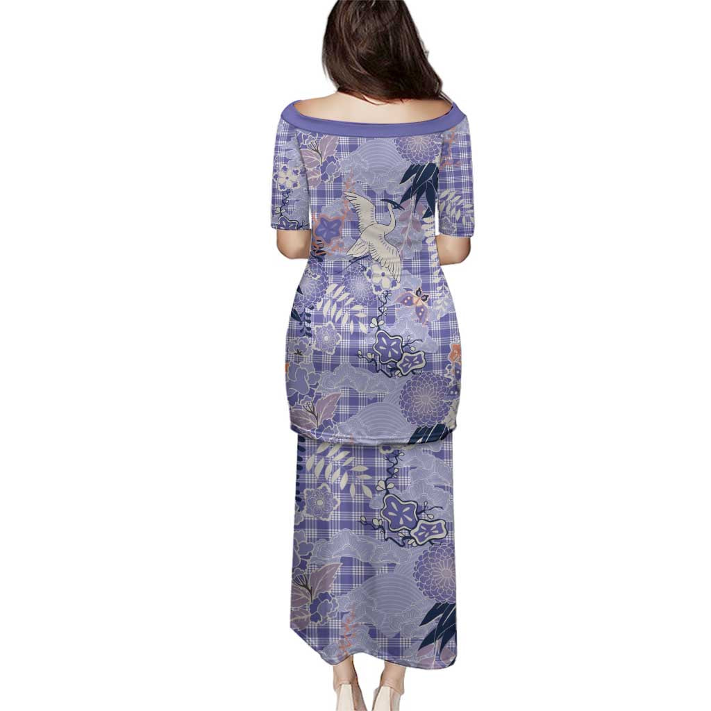 Purple Palaka Crane and Flowers Family Matching Puletasi and Hawaiian Shirt Japan Heritage Spirit - Polynesian Pride
