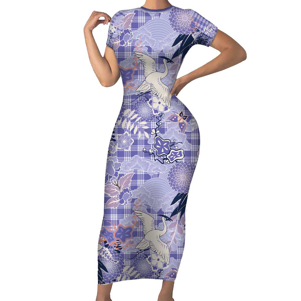 Purple Palaka Crane and Flowers Family Matching Short Sleeve Bodycon Dress and Hawaiian Shirt Japan Heritage Spirit - Polynesian Pride