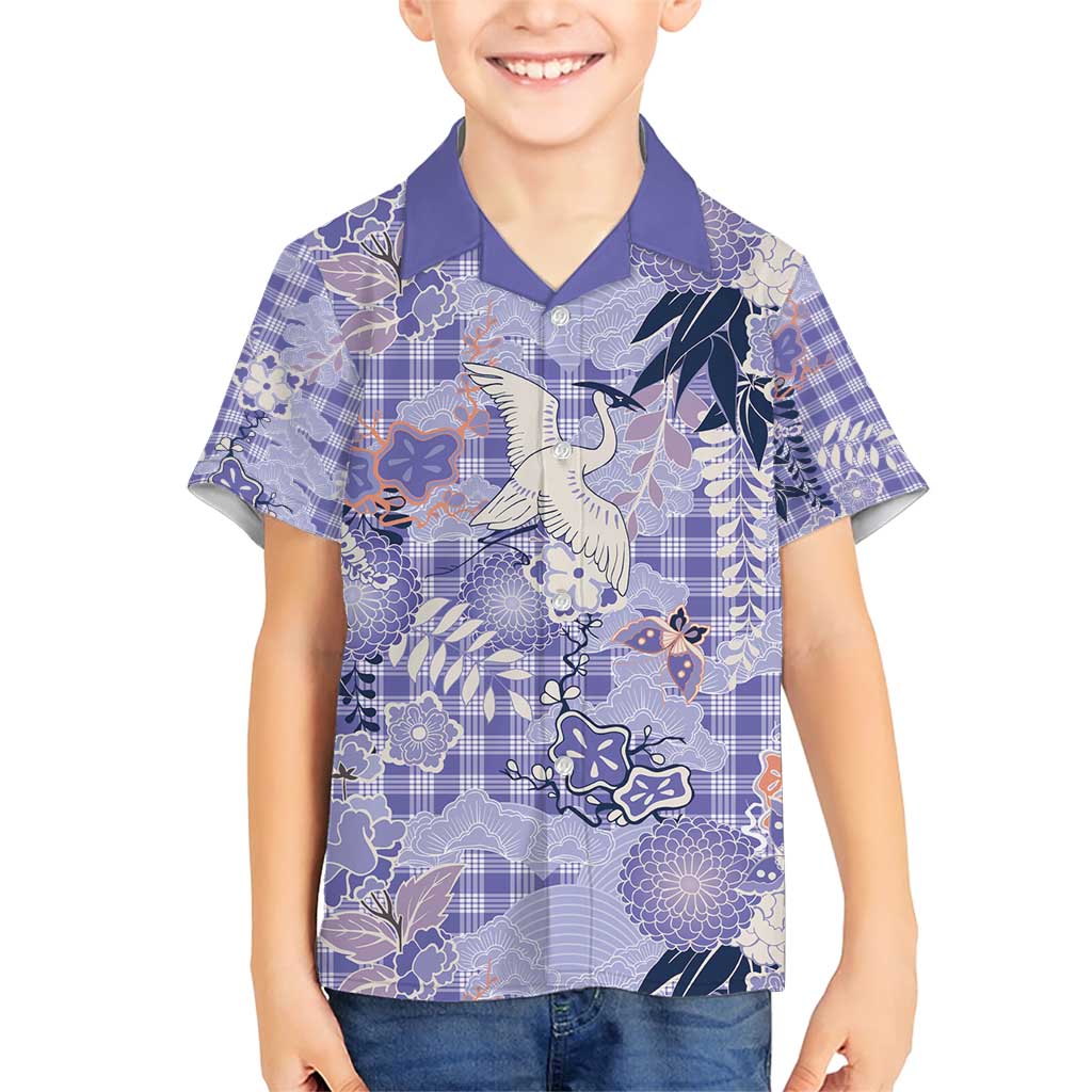 Purple Palaka Crane and Flowers Family Matching Short Sleeve Bodycon Dress and Hawaiian Shirt Japan Heritage Spirit - Polynesian Pride