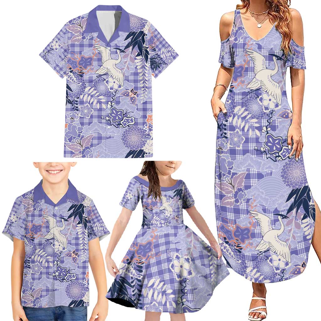 Purple Palaka Crane and Flowers Family Matching Summer Maxi Dress and Hawaiian Shirt Japan Heritage Spirit - Polynesian Pride
