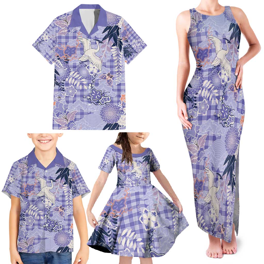 Purple Palaka Crane and Flowers Family Matching Tank Maxi Dress and Hawaiian Shirt Japan Heritage Spirit - Polynesian Pride