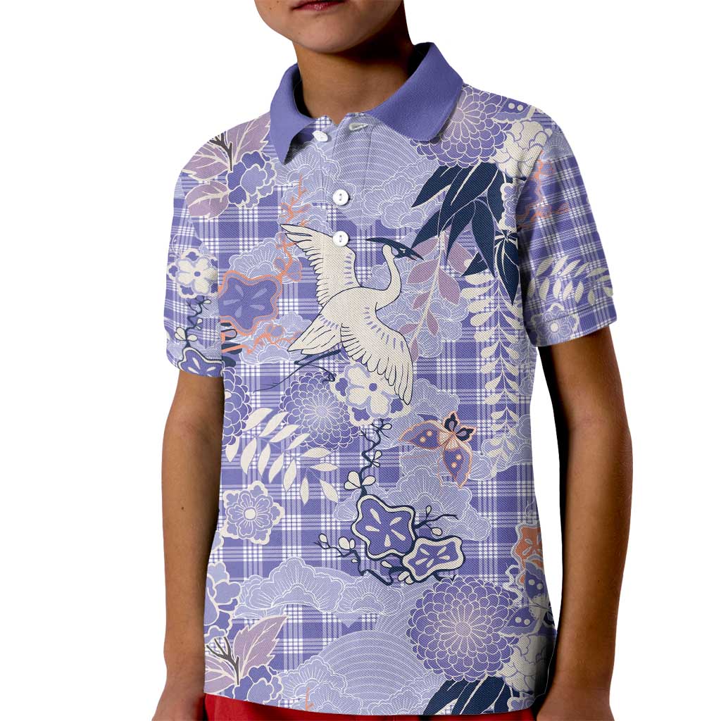 Purple Palaka Crane and Flowers Kid Polo Shirt Japan Heritage Spirit - Polynesian Pride