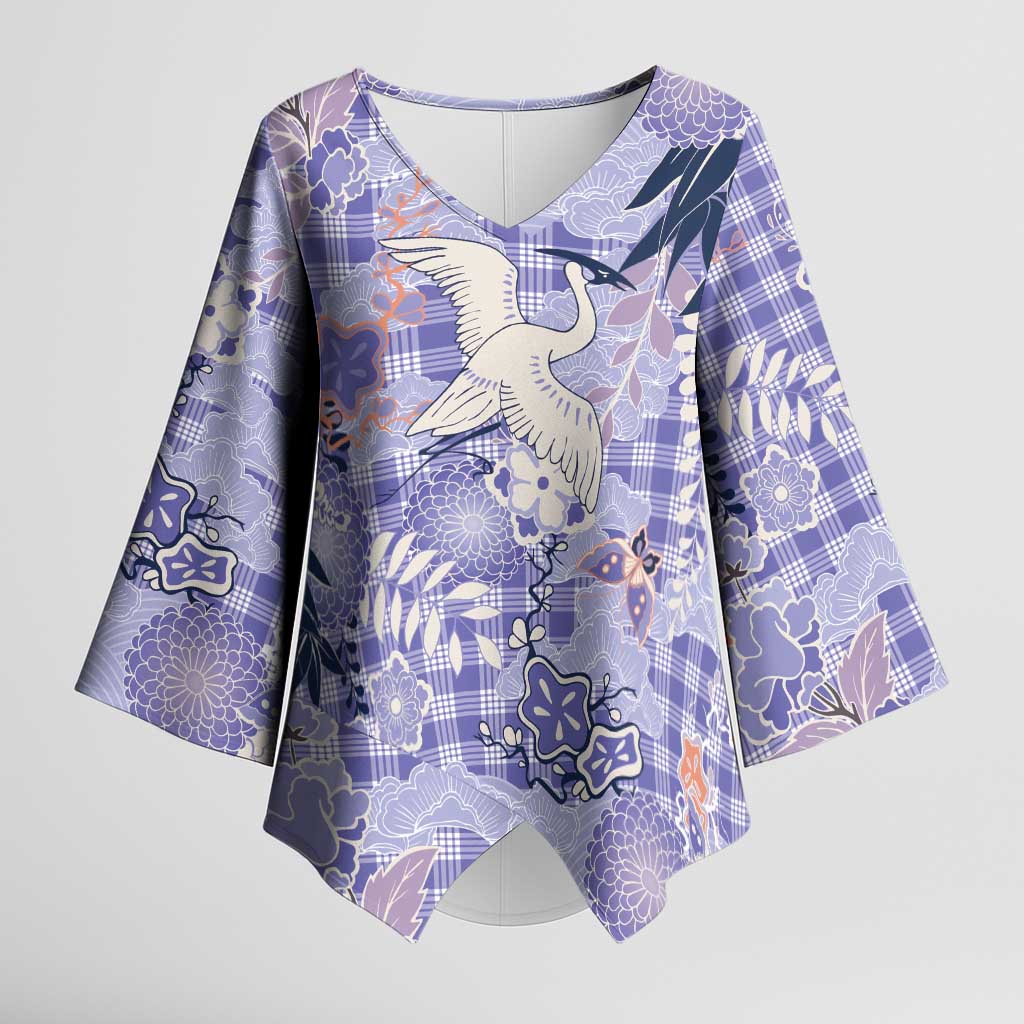 Purple Palaka Crane and Flowers Kimono Sleeve Blouse Japan Heritage Spirit LT9 Female Purple - Polynesian Pride