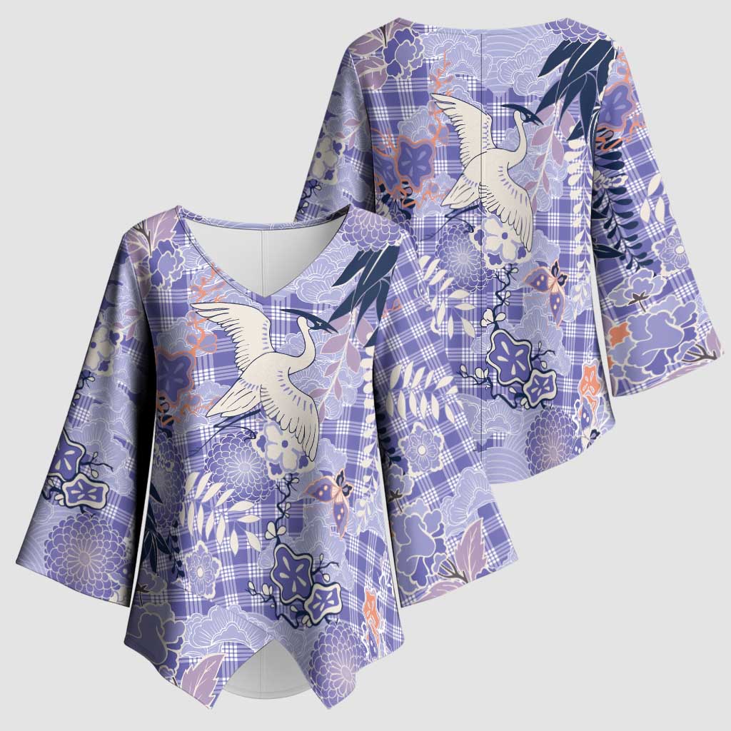 Purple Palaka Crane and Flowers Kimono Sleeve Blouse Japan Heritage Spirit LT9 - Polynesian Pride