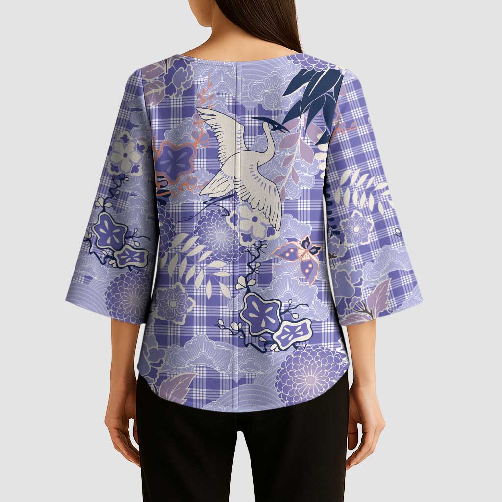 Purple Palaka Crane and Flowers Kimono Sleeve Blouse Japan Heritage Spirit LT9 - Polynesian Pride