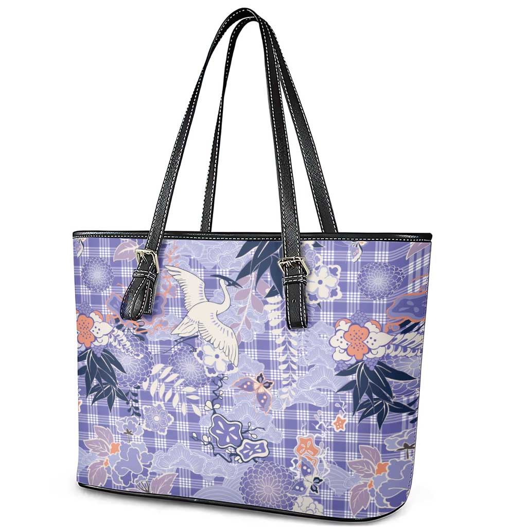 Purple Palaka Crane and Flowers Leather Tote Bag Japan Heritage Spirit - Polynesian Pride