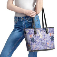 Purple Palaka Crane and Flowers Leather Tote Bag Japan Heritage Spirit - Polynesian Pride