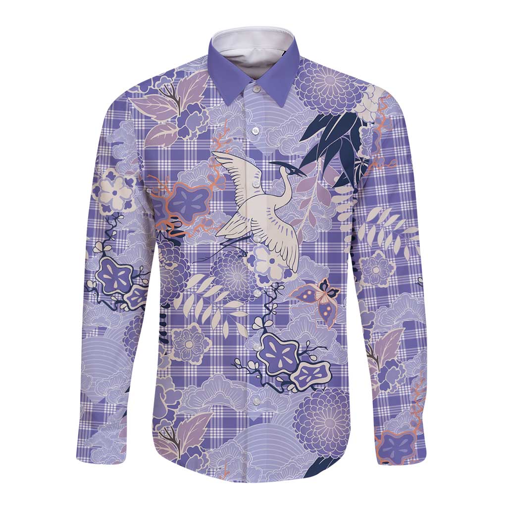 Purple Palaka Crane and Flowers Long Sleeve Button Shirt Japan Heritage Spirit LT9 Unisex Purple - Polynesian Pride