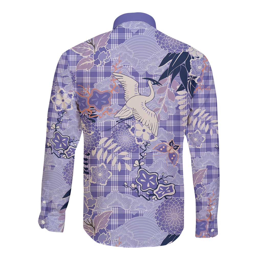Purple Palaka Crane and Flowers Long Sleeve Button Shirt Japan Heritage Spirit LT9 - Polynesian Pride