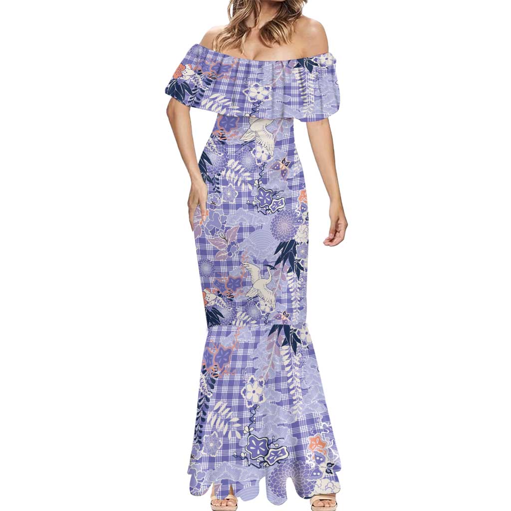 Purple Palaka Crane and Flowers Mermaid Dress Japan Heritage Spirit - Polynesian Pride