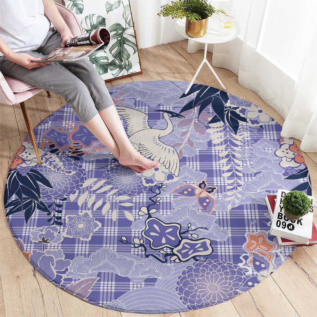 Purple Palaka Crane and Flowers Round Carpet Japan Heritage Spirit - Polynesian Pride