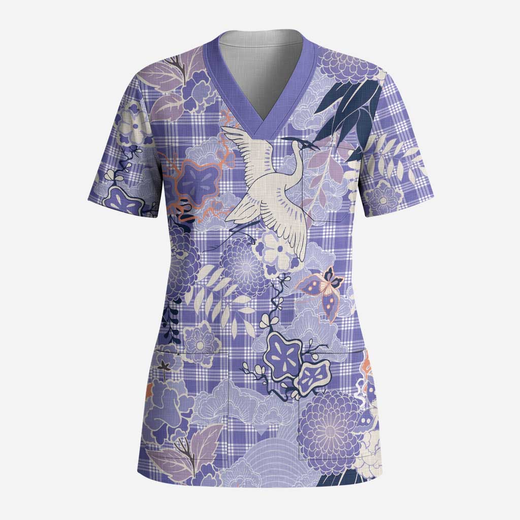Purple Palaka Crane and Flowers Scrub Top Japan Heritage Spirit - Polynesian Pride