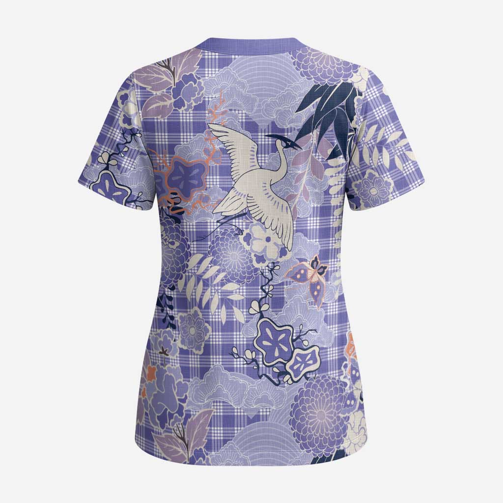 Purple Palaka Crane and Flowers Scrub Top Japan Heritage Spirit - Polynesian Pride