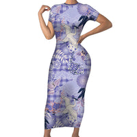 Purple Palaka Crane and Flowers Short Sleeve Bodycon Dress Japan Heritage Spirit - Polynesian Pride