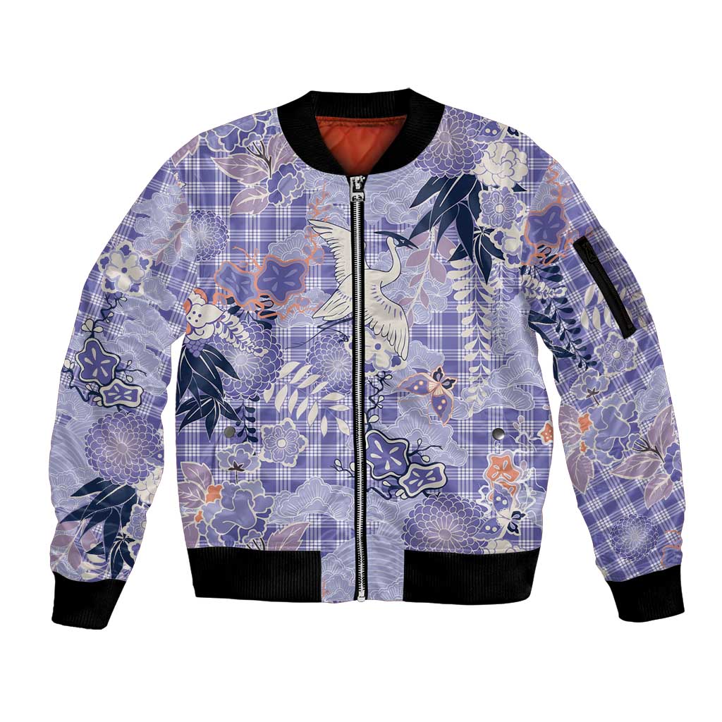 Purple Palaka Crane and Flowers Sleeve Zip Bomber Jacket Japan Heritage Spirit - Polynesian Pride