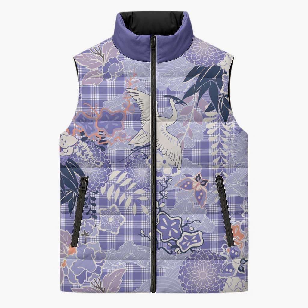 Purple Palaka Crane and Flowers Sleeveless Puffer Jacket Japan Heritage Spirit LT9 Unisex Purple - Polynesian Pride
