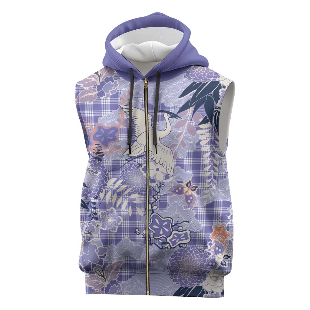 Purple Palaka Crane and Flowers Sleeveless Zip Hoodie Japan Heritage Spirit - Polynesian Pride