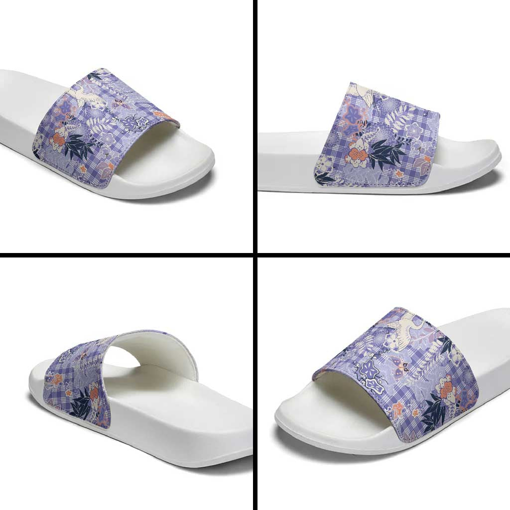 Purple Palaka Crane and Flowers Slide Sandals Japan Heritage Spirit - Polynesian Pride