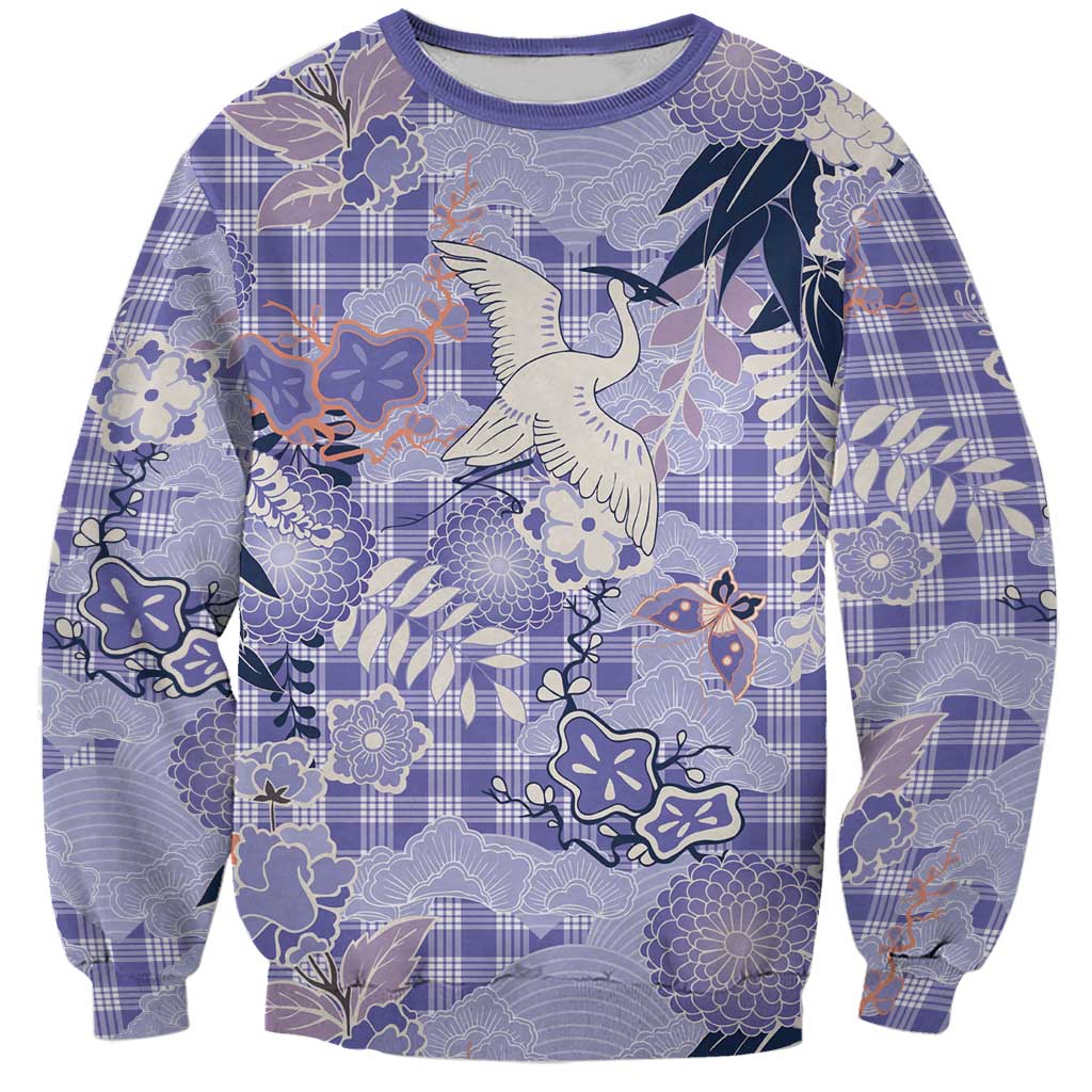 Purple Palaka Crane and Flowers Sweatshirt Japan Heritage Spirit LT9 Unisex Purple - Polynesian Pride