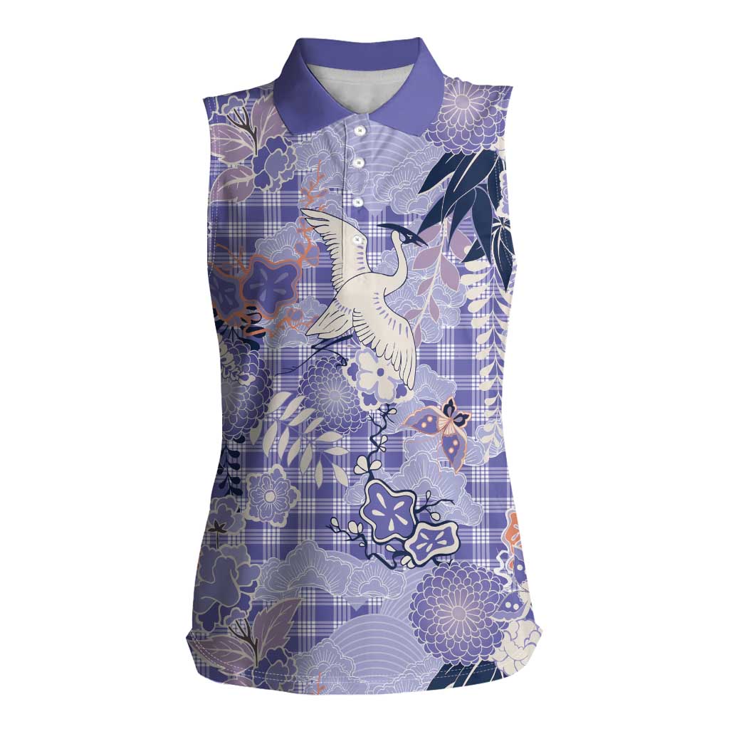 Purple Palaka Crane and Flowers Women Sleeveless Polo Shirt Japan Heritage Spirit LT9 Female Purple - Polynesian Pride